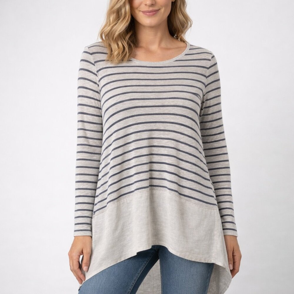 120% Lino Italy Linen Striped Tunic Top XS High Low Hem Long Sleeve Stretch